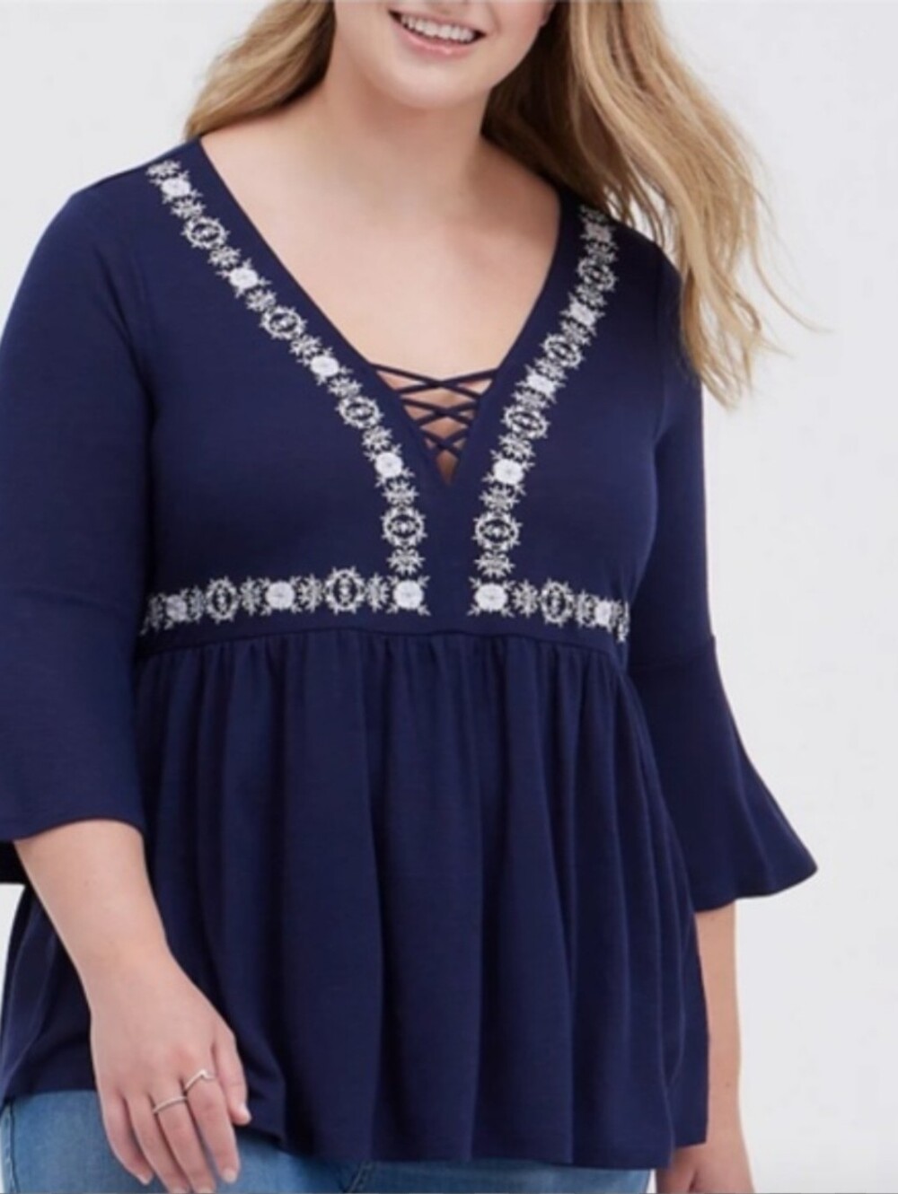 Torrid Navy Embroidered Crisscross Peplum Top Size 00